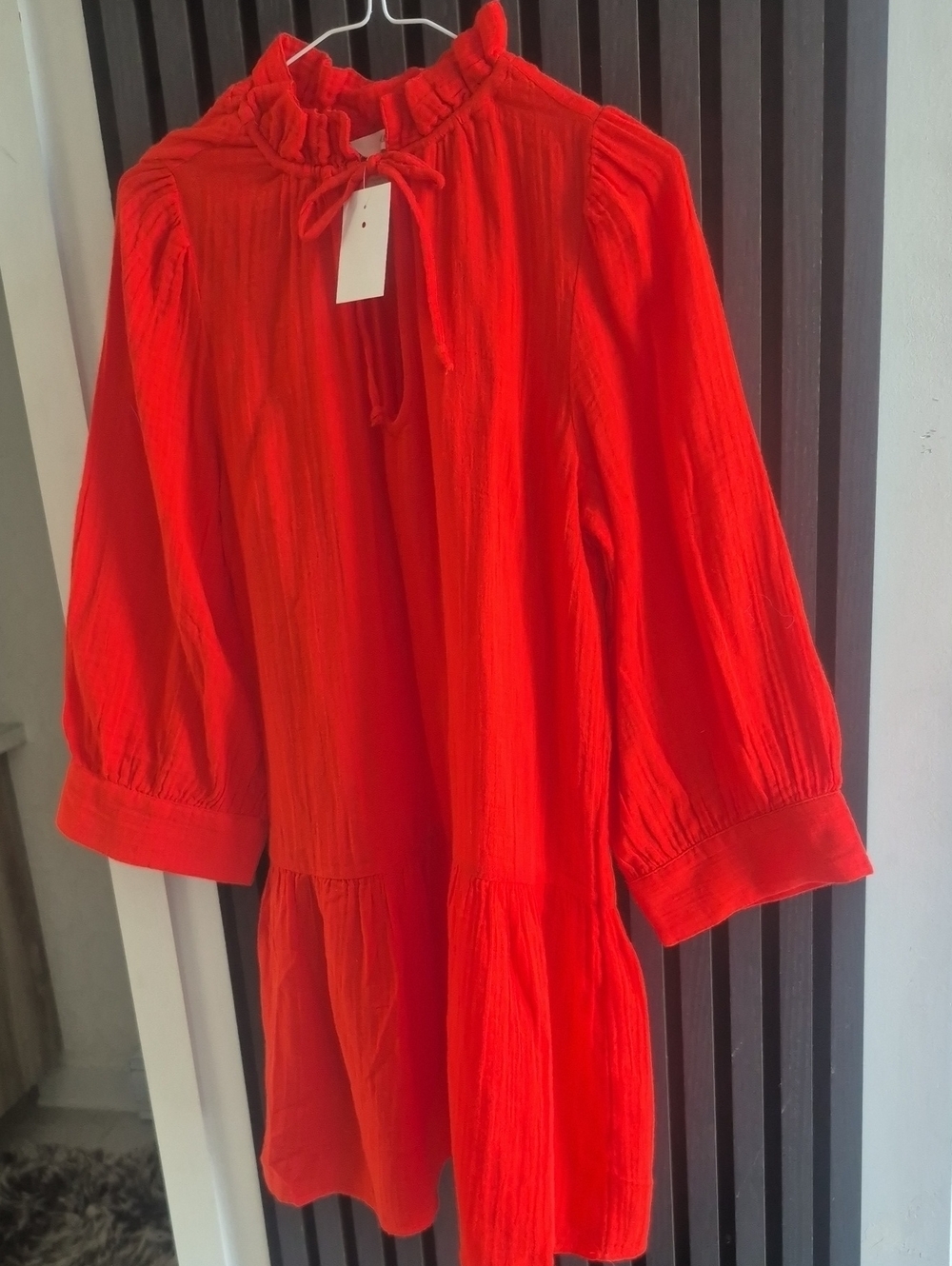 H&M Vibrant Red Ruffled Tie-Neck Mini Dress
